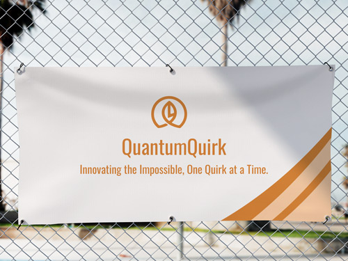 Promotional vinyl banner attached to a fence, displaying the brand name and motto.