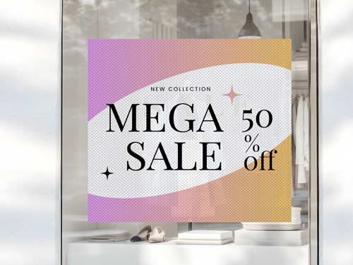 Storefront perforated window decal advertising Mega Sale with 50% off.