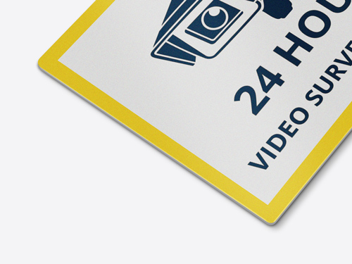 Aluminum security sign with camera icon and 24-hour video surveillance text