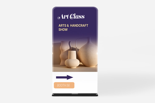 Art Class tension fabric stand with ceramic vases and Booth 56 details.