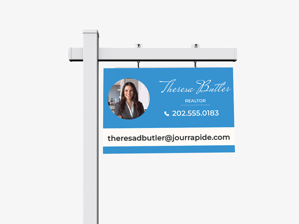 Blue realty sign post with agent's headshot, name, and contact details.