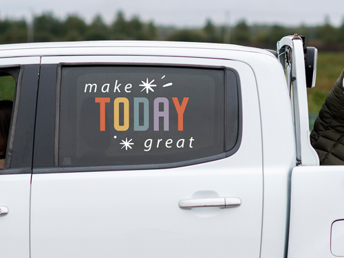 Colorful custom truck decal with Make Today Great in a playful decorative style.