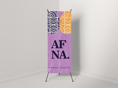 A vibrant x-frame for a design agency set against a rich violet background.