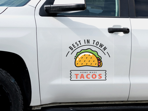 Truck decal with Tacos and Best In Town text alongside brand logo for branding display.