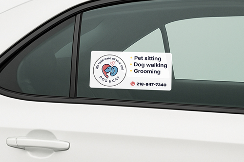 Advertising car window decal featuring the pet service company's logo and list of services.