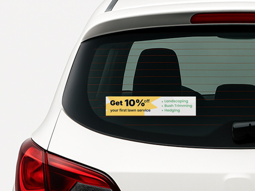 Static cling car window decal with 10% Off Your First Lawn Service and list of services.