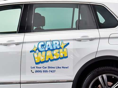 Clear car window sticker for car wash with slogan and contact details displayed.