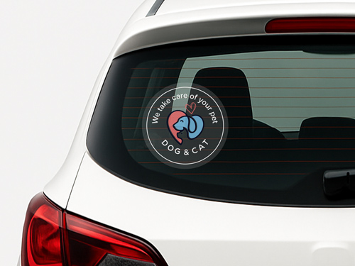 Clear car window sticker with We Take Care of Your Pet message and service logo.