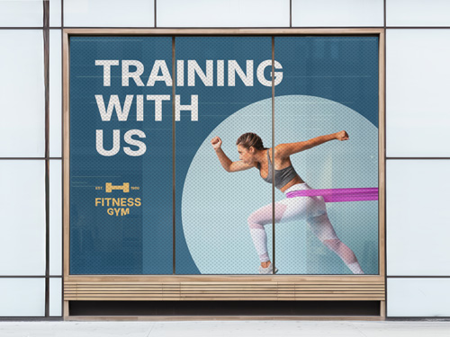 Fitness gym perforated window decal showing a woman exercising with Training With Us text.