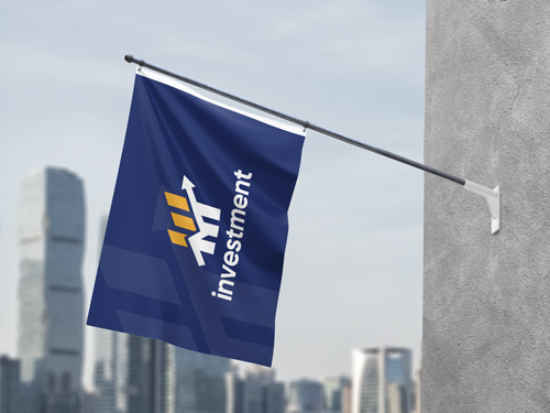 Blue pole flag with white and yellow investment logo, mounted on a wall above a city skyline.
