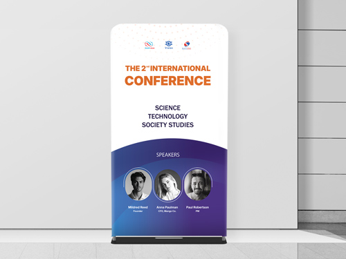 Tension fabric stand for the Conference on Science, Technology, and Society Studies.