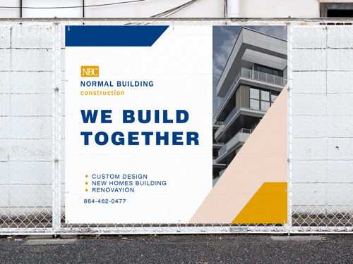 Construction mesh banner displaying We Build Together with services and a building image.