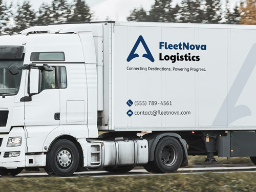 Bold vinyl lettering on a white semi-truck with a branded trailer on the road.