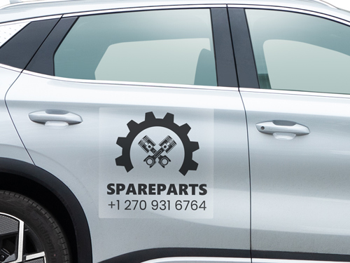 Car decal for dealership and service with logo and contact details displayed.