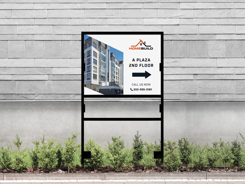 Real estate H-frame sign advertising A Plaza 2nd Floor with building image.