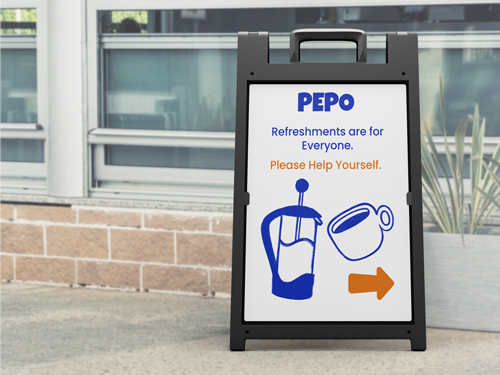 Directional sandwich board with teapot, cup, “Help Yourself” text, and a right arrow.