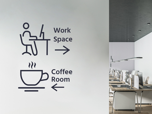 Directional vinyl lettering with arrows pointing to the Work Space and Coffee Room.