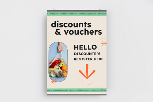Lively snap hanging poster announcing discounts with an image of fruits and vegetables.