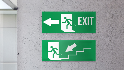 Warning & Emergency plastic signs featuring an exit symbol for evacuation guidance.