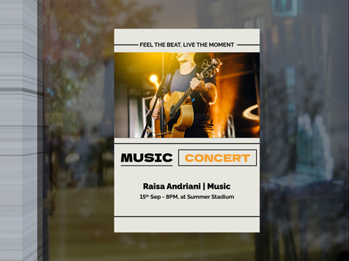 Event window cling with concert date, details, and a musician holding a guitar.