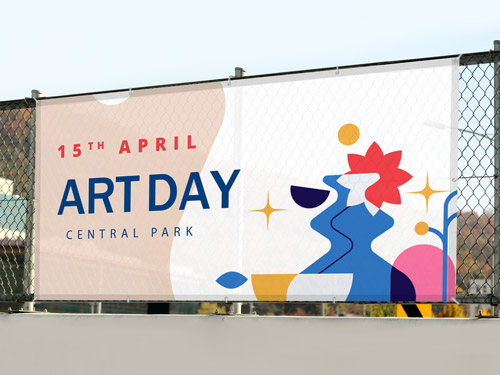 Colorful Art Day mesh banner advertising the April 15th event with an abstract design.
