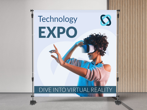 Expo step and repeat banner featuring a woman image with a VR headset.