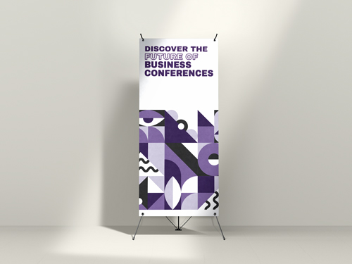 Vibrant x-stand banner with geometric shapes in purple for business conferences.