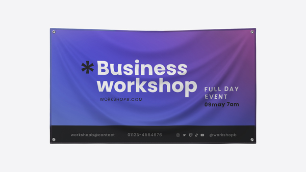 Fabric banner with purple-blue gradient promoting a business workshop on May 9 at 7am, featuring website, contact info, and social media handle.