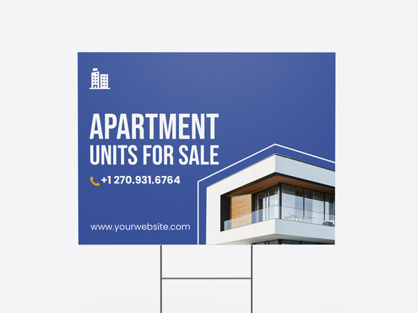  Real estate yard sign with a blue background displaying a modern apartment photo, contact phone number, and website URL, mounted on an H-frame stand.