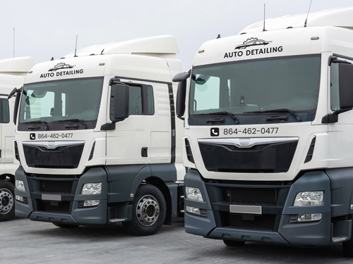 Two white auto detailing trucks with vinyl lettering parked side by side.