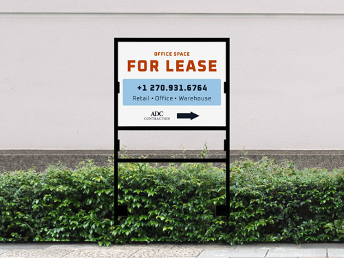 White office space for lease H-frame sign with red text and phone number.