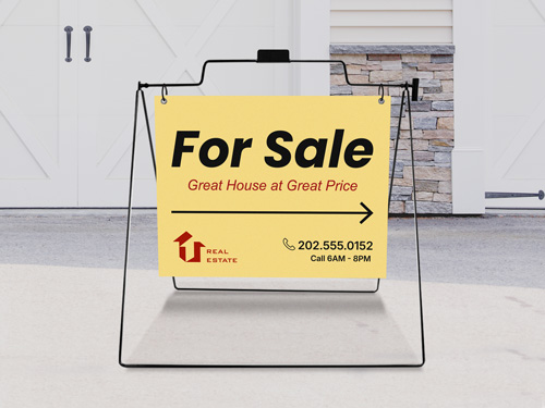 Yellow A-frame sign with For Sale text, wayfinding arrow, and contact information.