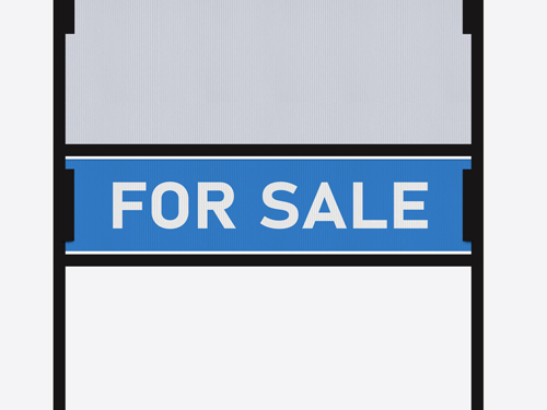 A For Sale real estate rider sign mounted on a metal frame outdoors