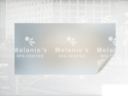 Frosted window decals on glass panels, providing a stylish etched-glass look for privacy and professional branding in office or retail spaces.