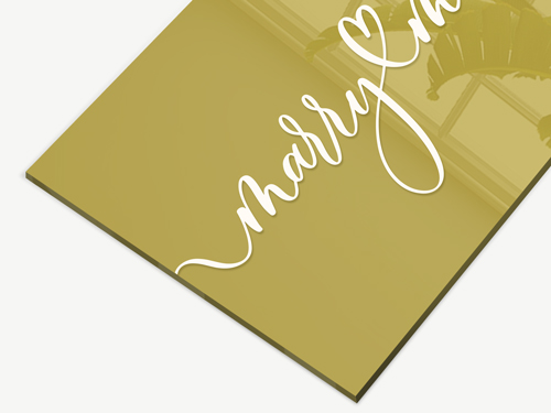 Gold acrylic sign with custom lettering and an elegant, modern design. Durable and ideal for both indoor and outdoor use