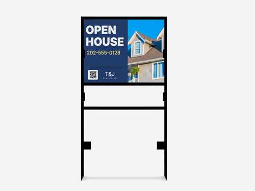 Real estate H-frame sign with blue open house visual and house photo on black metal frame