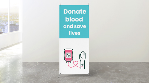 Blood donation standing banner with Donate blood and save lives text and medical illustrations