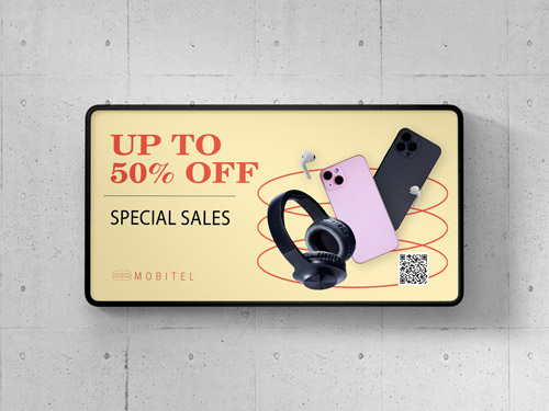 Marketing paper poster showing Special Sales texts with smartphone, headphones images.
