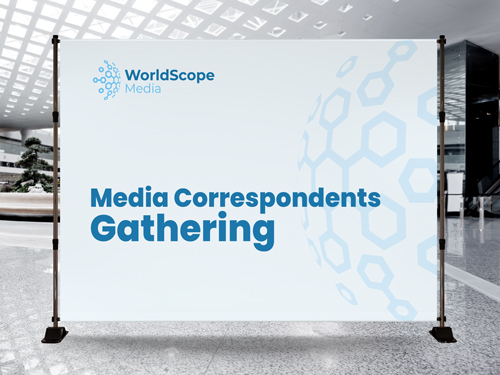 A business step and repeat banner displaying the brand name and logo for a media event.