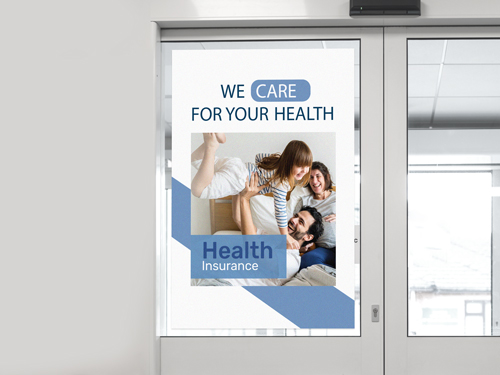 Welcoming window decal showing family with healthcare message