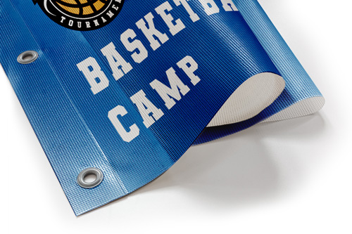 Blue basketball camp mesh banner with team logo, featuring white text and metal grommets.