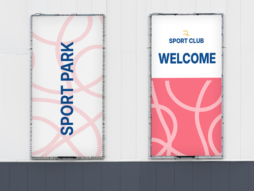 Vertical mesh banners reading Sport Park and Sport Club Welcome on a building wall.