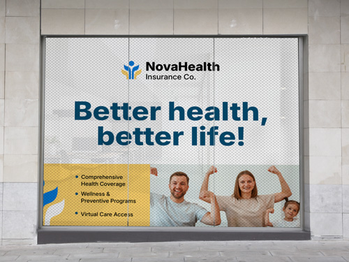 A branding perforated window decal with company’s motto and an image of happy customers.