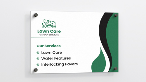 Lawn Care office plastic sign displaying available services and logo.