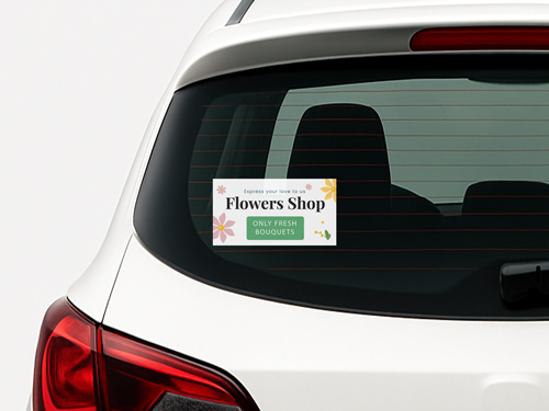 Opaque car window decal for flower shop advertising with message Only Fresh Bouquets.