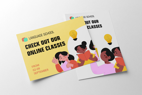Playful paper poster advertising online classes at Language School.