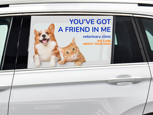 Perforated car window decal for pet service with logo and a heartfelt message.