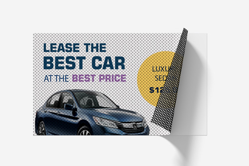 Perforated car lease window decal with peeled corner showing a luxury sedan and pricing details.