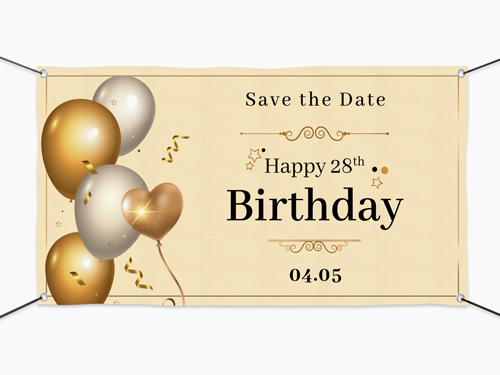 Personalized birthday vinyl banner with balloons and event date in vibrant design.