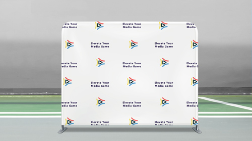 Step-and-repeat standing banner with repeating logo pattern and Preview watermark overlay